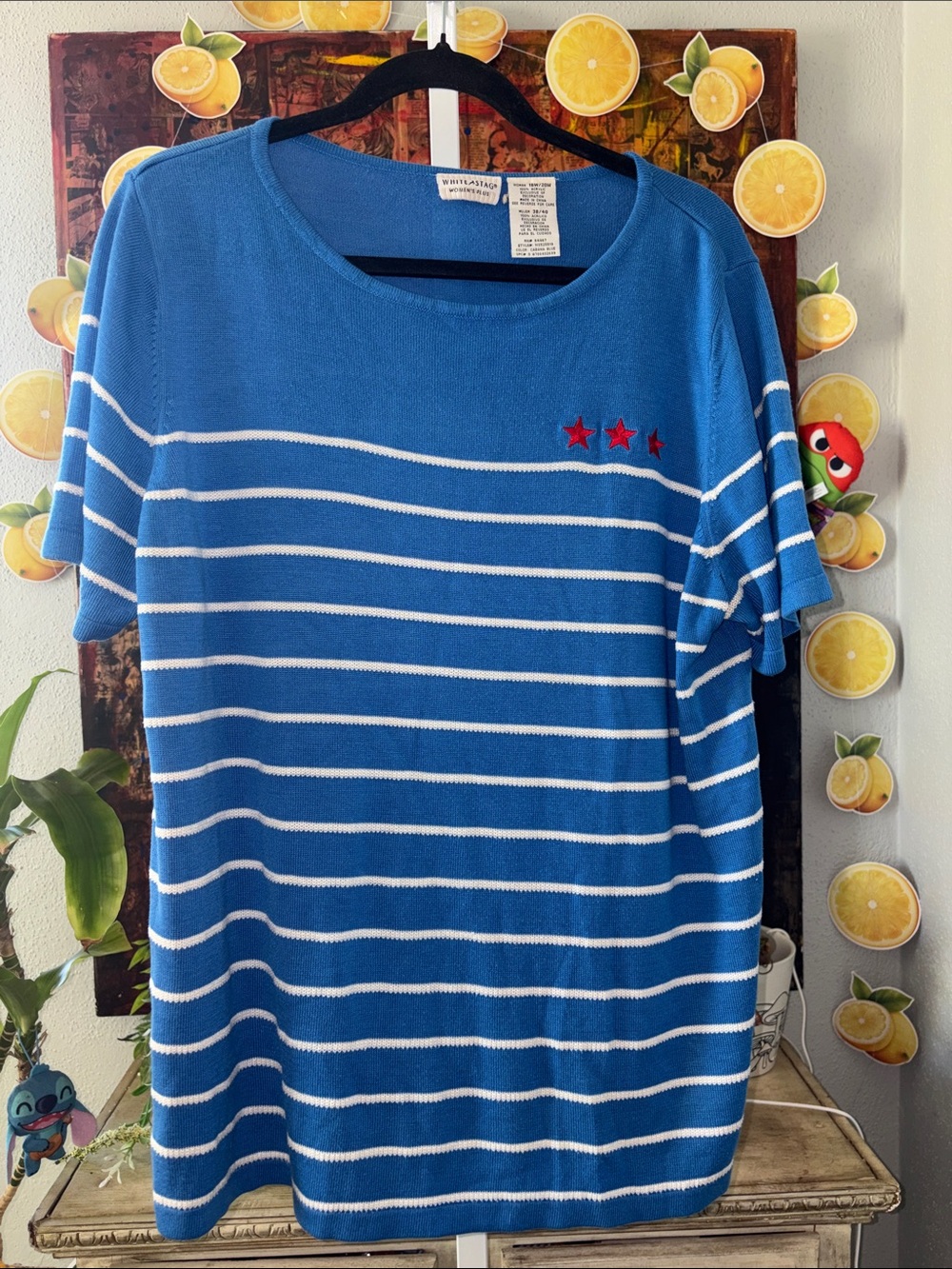 White Stag Size 18W/20WBlue Striped Knit Top with Red Star Embroidery